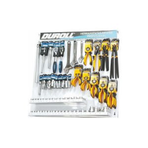 Exhibidor de herramientas med 800 x 800, plegado y punzonado, para colgar acceosrios 24 ganchos y dos bandejas para tubos.